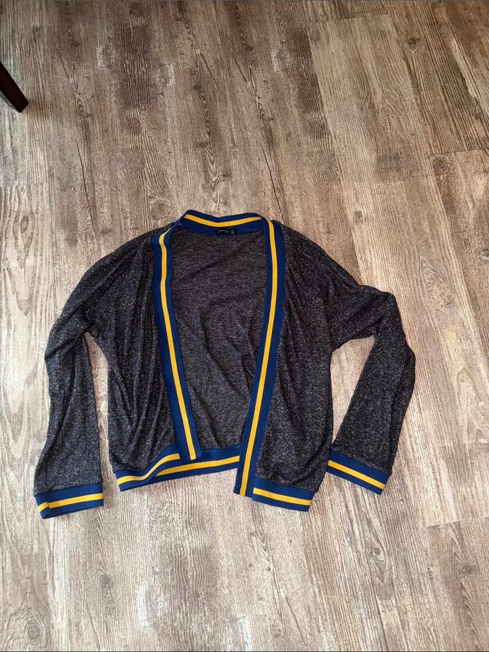 Popular Basics Dark Gray Open Cardigan with Blue and Yellow Trim